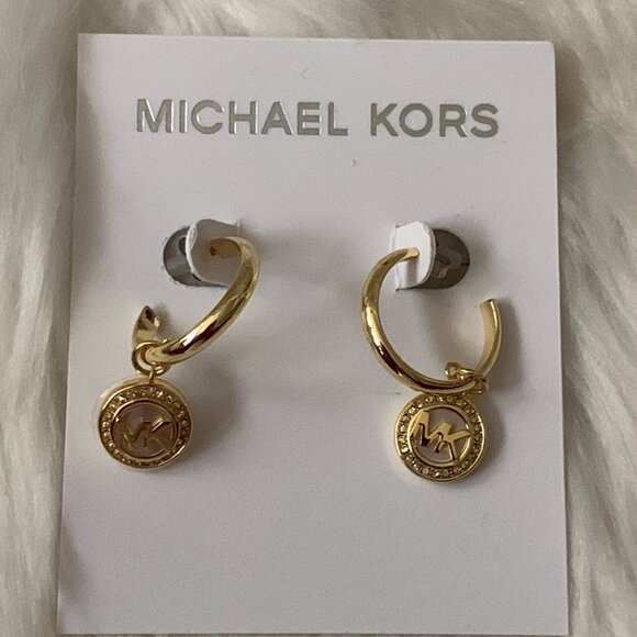 MICHAEL KORS Pave Charm Drop Hoop Earrings in Gold - Picture 1 of 2